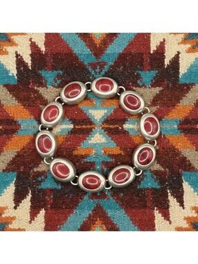 Vintage Mexico Sterling Silver & Red Jasper Link Bracelet